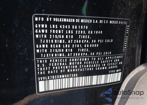 2022 Volkswagen Taos 1.5T Se from USA, damaged, VIN 3VVLX7B2XNM067386